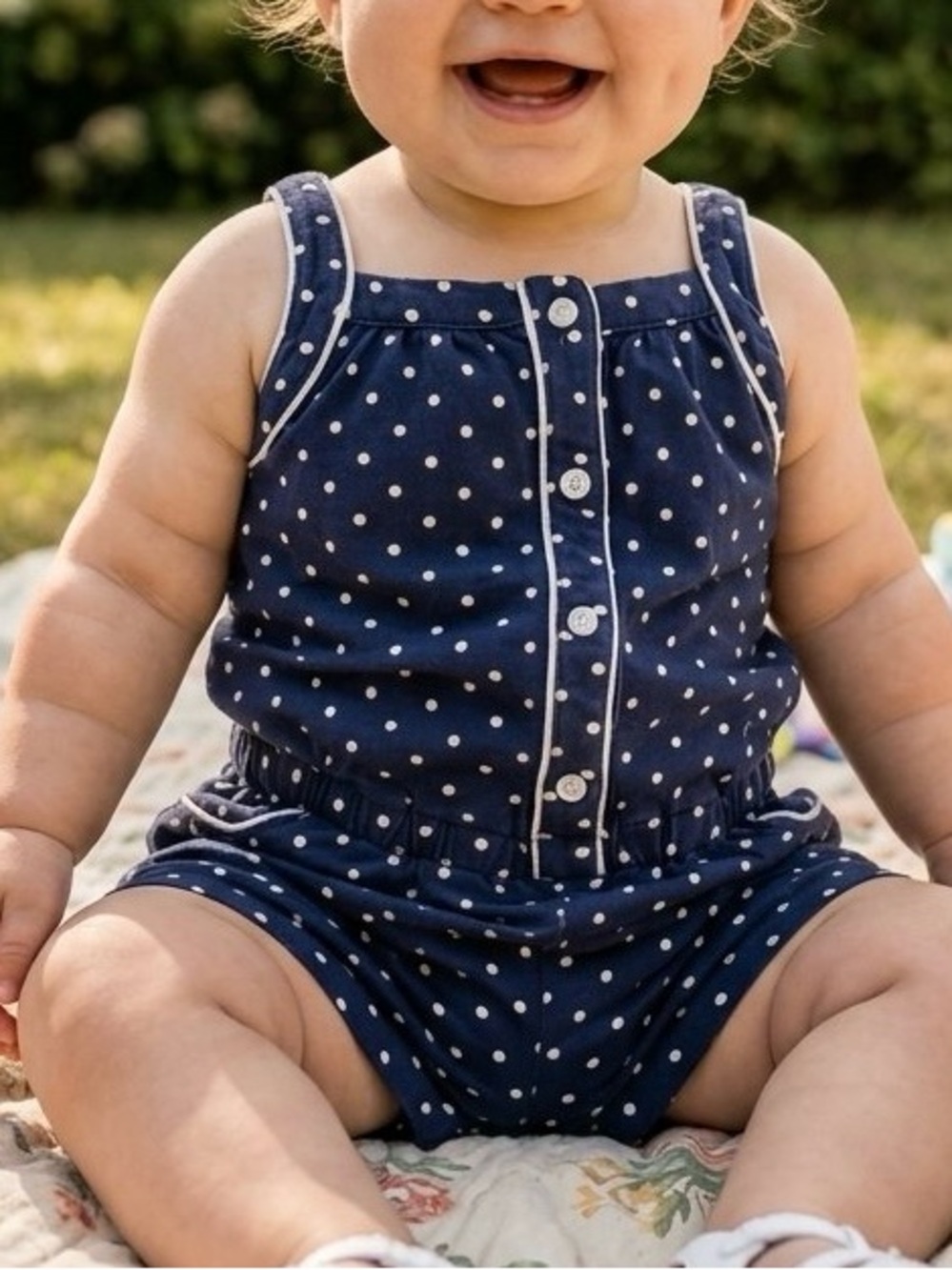 6-12m Janie and Jack Baby Girl Navy Blue and White Polka Dot Sleeveless Romper